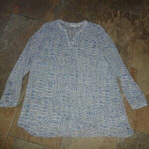 Susan Graver Tunic Top Women 10 Gray Blue Asymmetrical Tier sheer v neck long sl